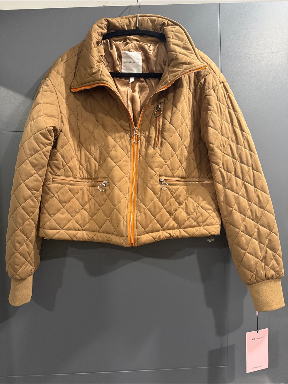 Avec Les Filles Women's Quilted Cropped Tan Jacket with Zip Closure NWT